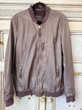 AllSaint Blenham Leather Bomber Jacket Size L Very Dark Gray